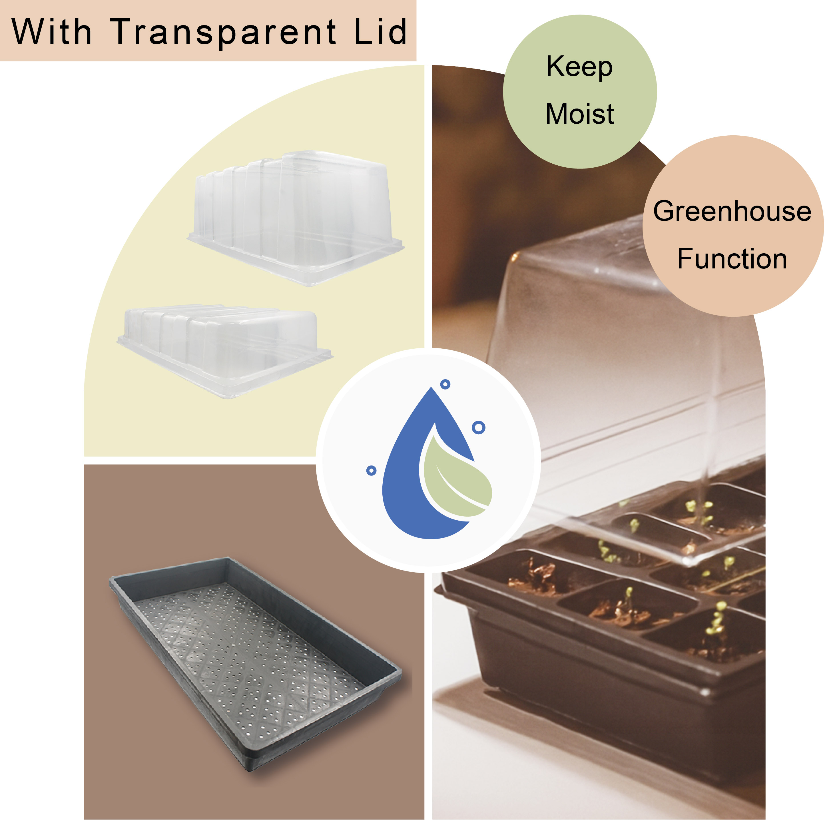 Seedling tray organizes square pots for efficient plant management.